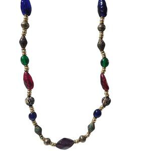 Vintage Beaded Necklace Gold Accents Spring Ring Closure Multicolor Beads